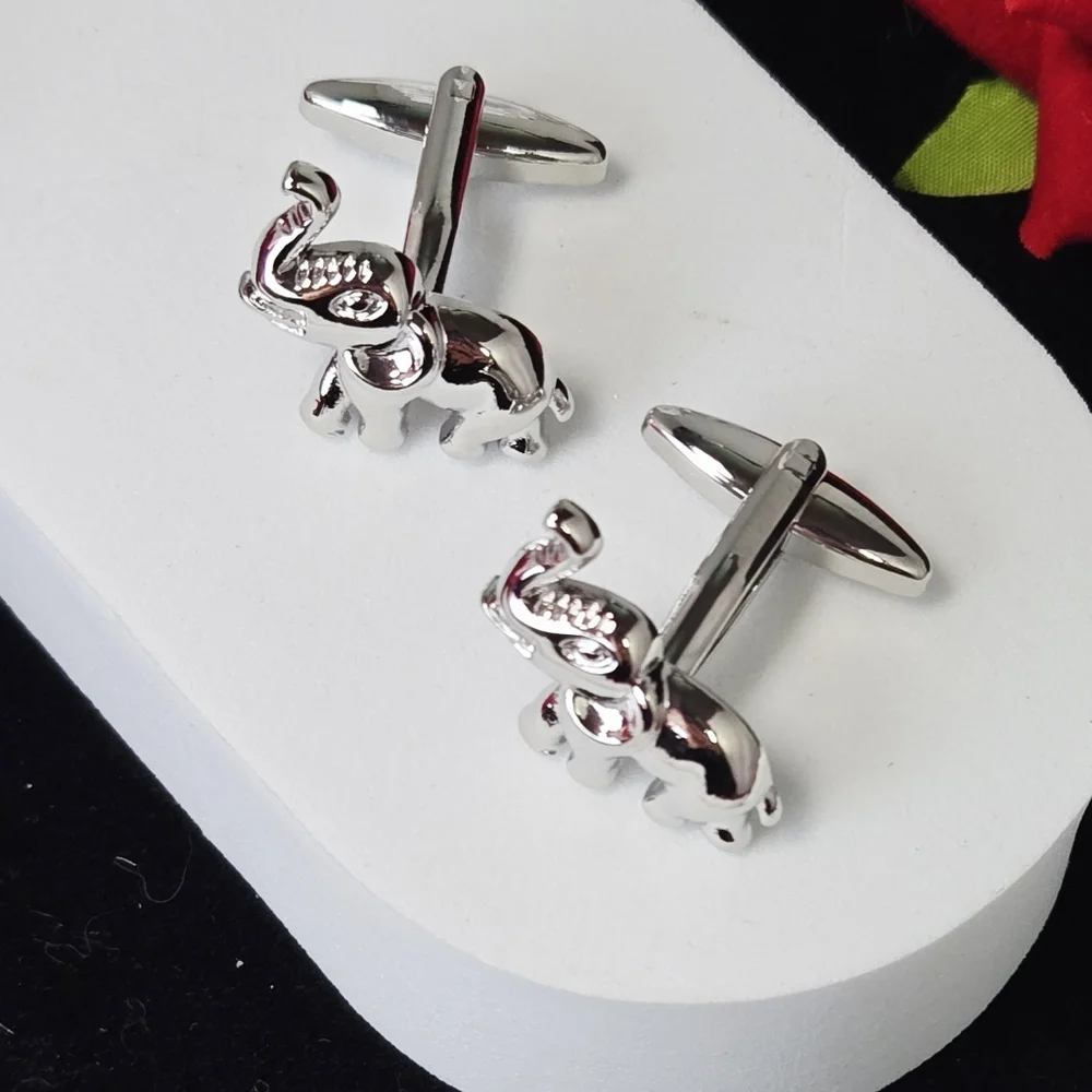 Elephant Cufflinks Silver Raised Trunk Safari Animal Formal French Cuff Links
